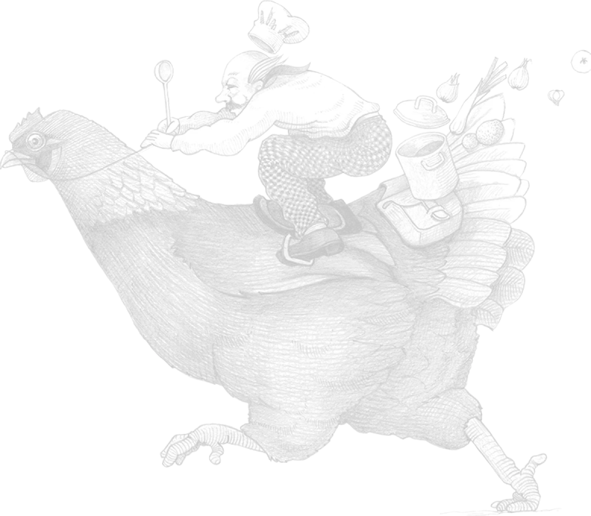 Koch reitet auf einem großen Huhn mit Kochutensilien