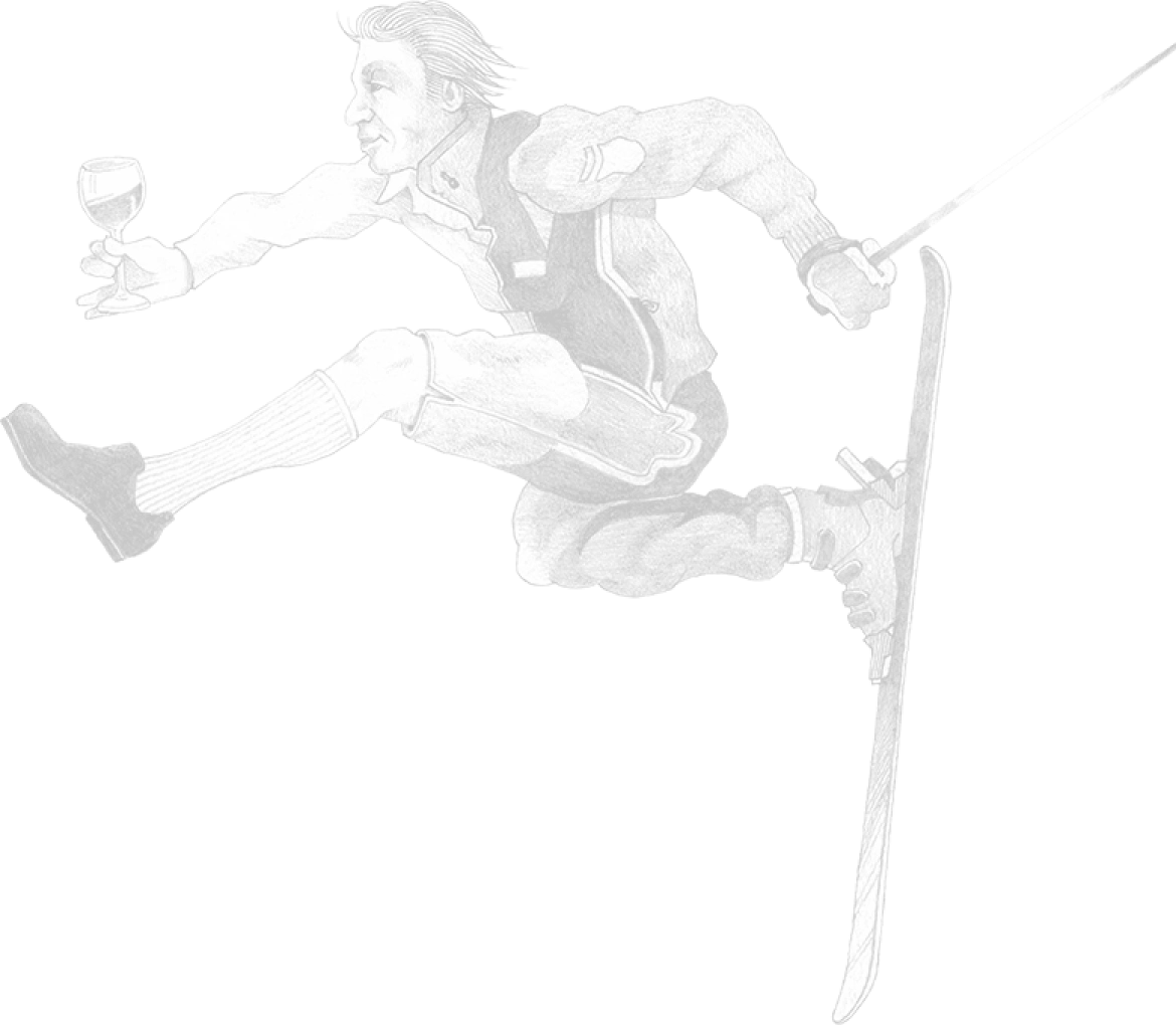 Mann springt mit einem Glas Wein auf Skiern